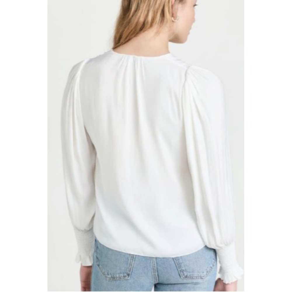 Rebecca Taylor Sateen Tie Neck Smocked Ruffle Cuff Blouse XS Off White Luxury - Picture 12 of 16